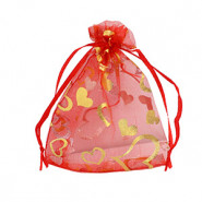 Organza sieraad zakje 9x12cm hart - Red-gold